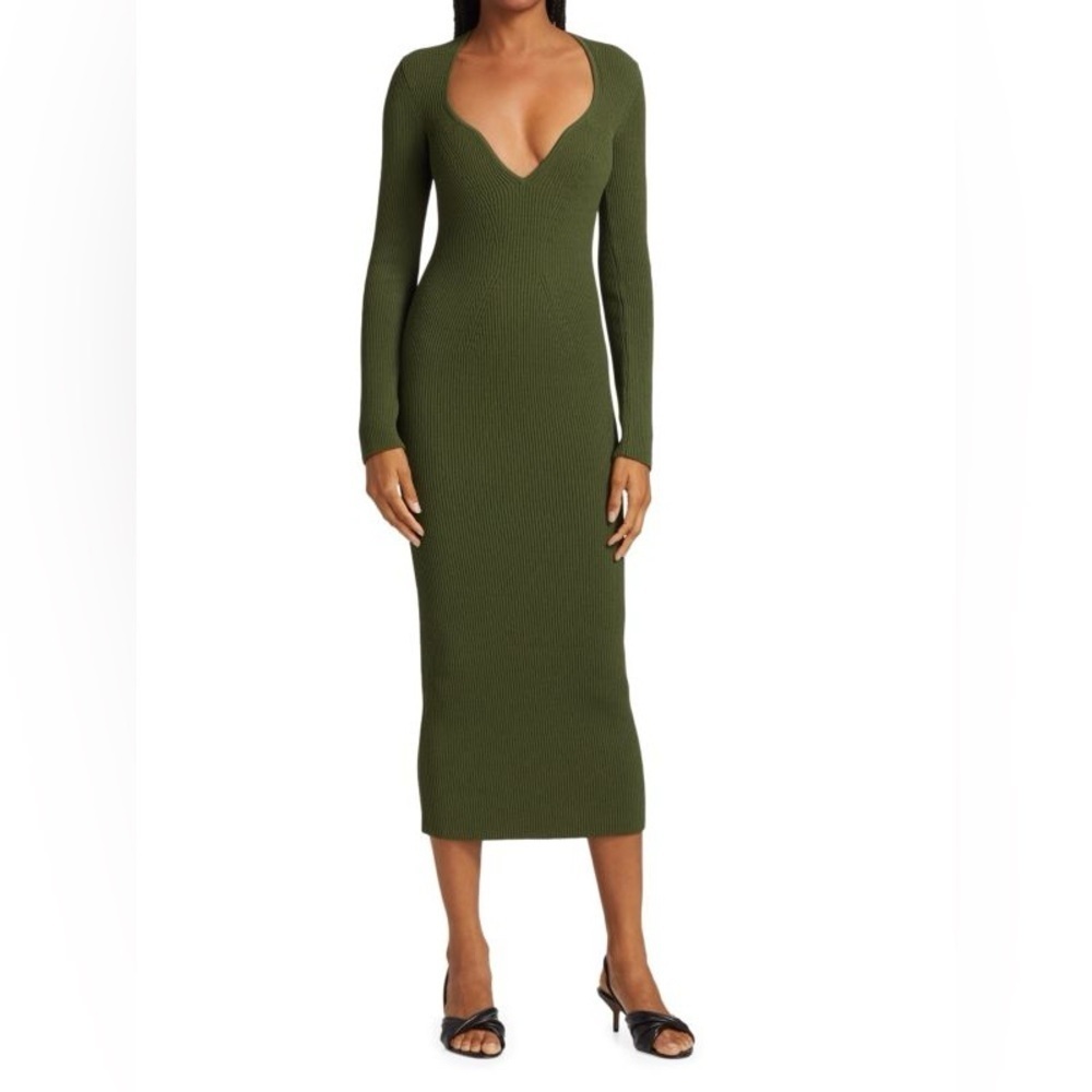 Khaite Dark Olive Green Alessandra Long Sleeve Rib Bustier midi dress XS